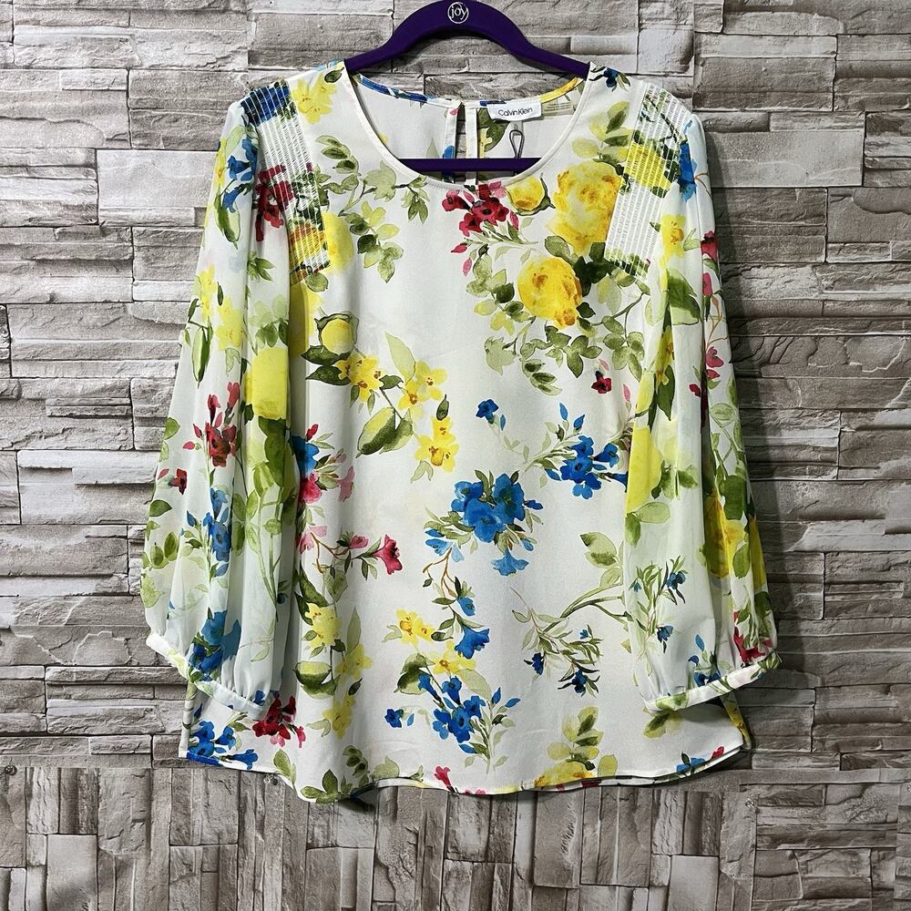 NWT Calvin Klein Floral Print Blouse Women's Size XL White Blue Yellow Green